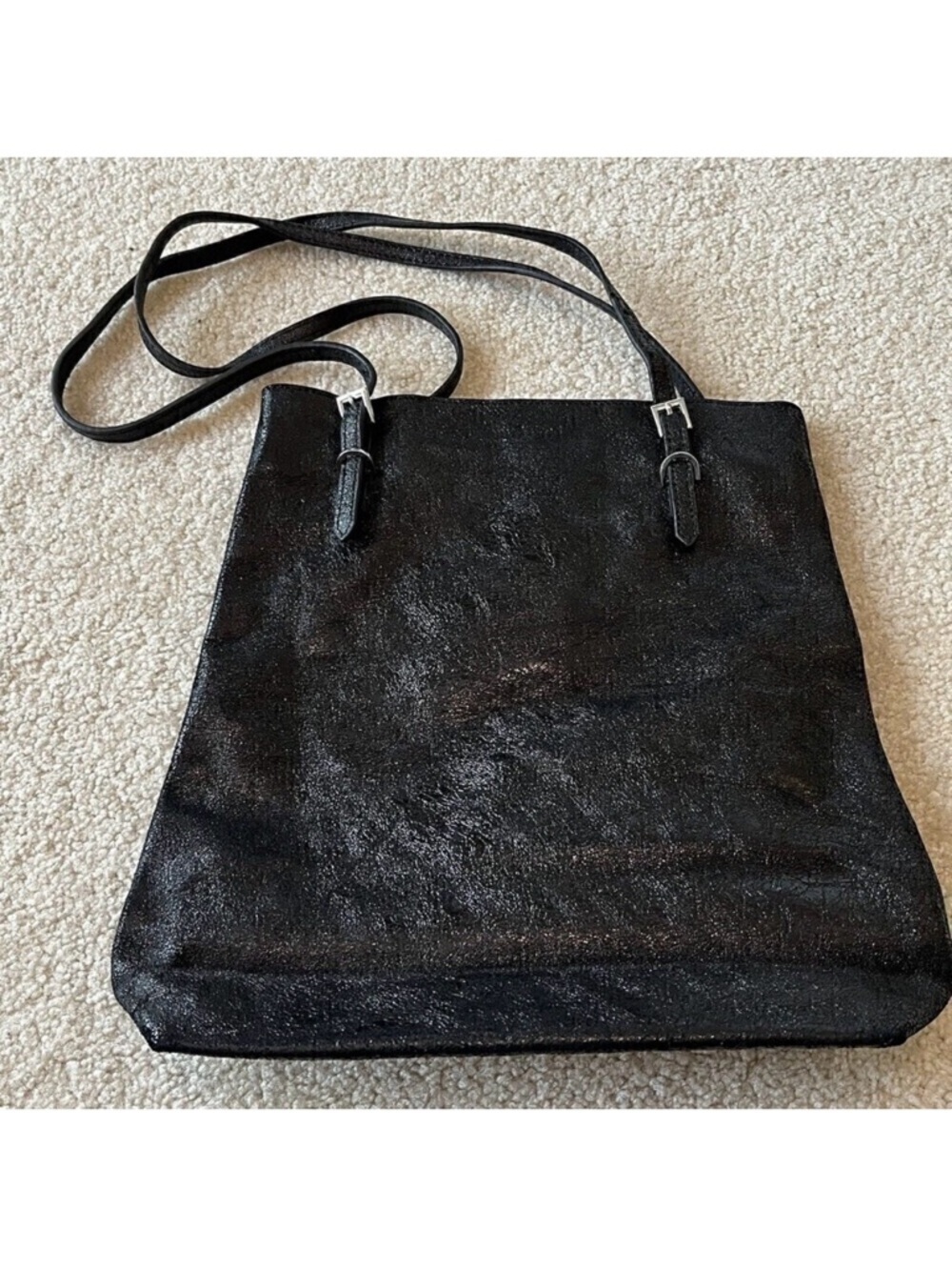 Tiffany and Fred Black Metallic Handbag Tote Bag Classic Modern Travel Shimmer